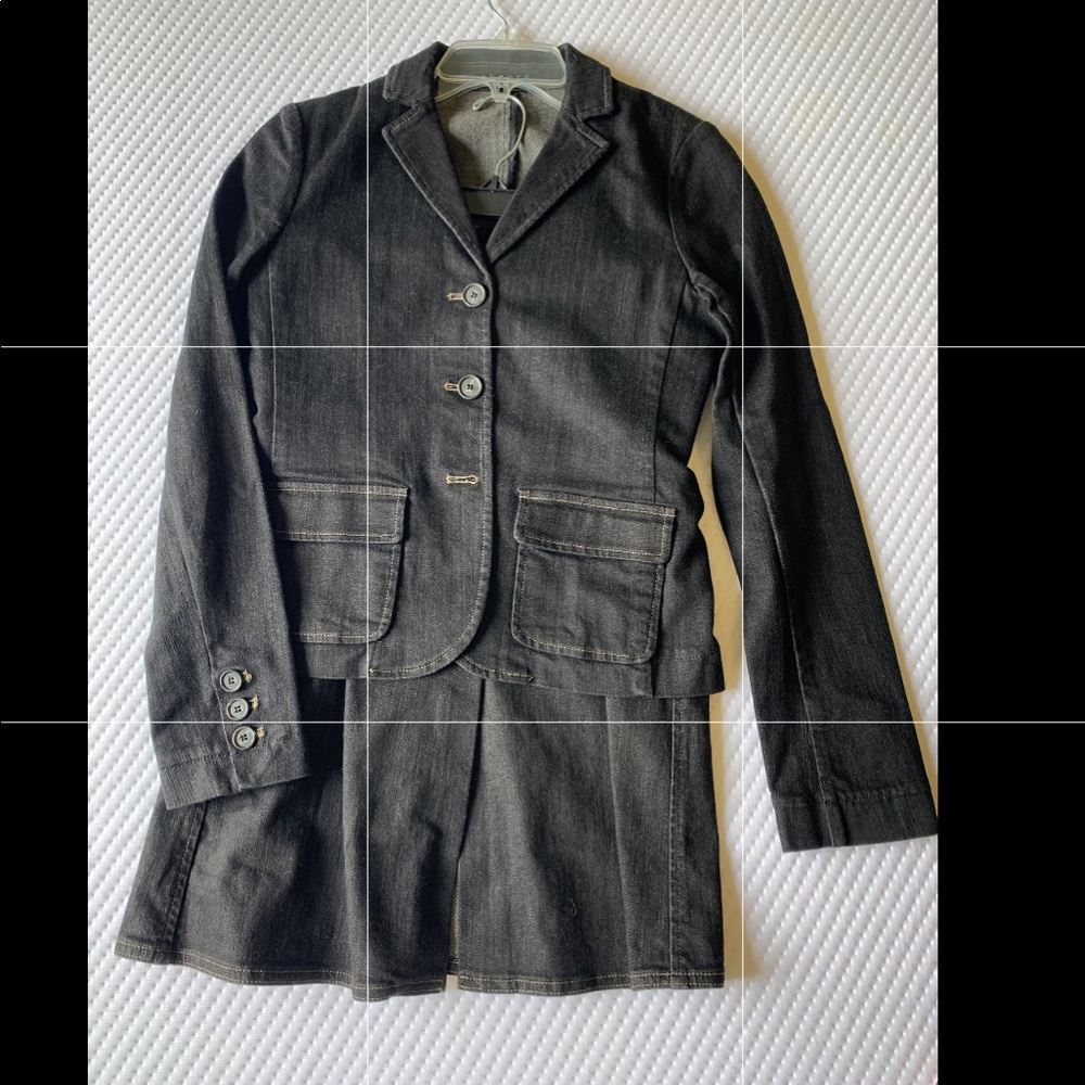 Theory Black Denim Casual Suit, skirt (size 6) and jacket (size 2).